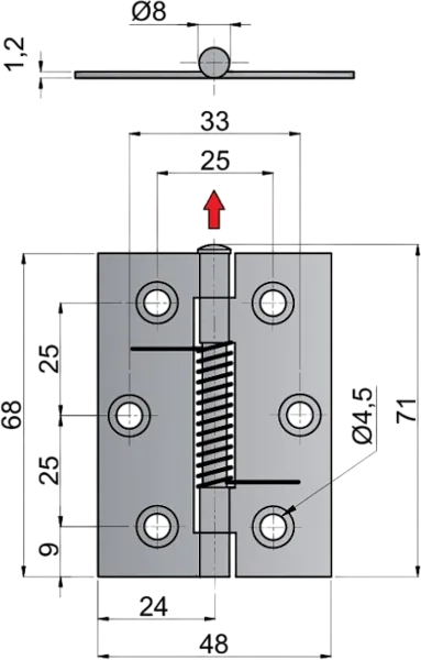 Rozměry závěsu s pružinou KZ 68 x 48 mm